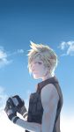  1boy bare_shoulders bayinxie black_gloves blonde_hair blue_eyes blue_sky camera clouds day final_fantasy final_fantasy_xv fingerless_gloves freckles gloves hair_over_one_eye holding holding_camera male_focus outdoors prompto_argentum sky solo upper_body vest 