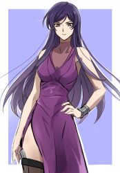  1boy bracelet breasts concealed_weapon crossdressing dress gundam gundam_00 highres jewelry long_hair looking_at_viewer official_alternate_costume otoko_no_ko parted_bangs purple_hair red_dress red_eyes shikiruru simple_background sleeveless sleeveless_dress thigh-highs tieria_erde two-tone_background very_long_hair weapon 