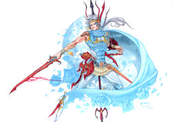  1boy absurdres arm_shield armor axe beads bishounen blue_armor blue_cape blue_flower blue_petals blue_rose bracelet bread cape circlet dagger dissidia_final_fantasy dominic_ian_cabatit final_fantasy final_fantasy_ii firion flower food gold_bracelet grey_eyes grey_hair hair_beads hair_ornament highres holding holding_sword holding_weapon jewelry knife male_focus nick-ian official_alternate_costume petals polearm ponytail rose rose_petals scabbard sheath sheathed short_hair_with_long_locks skirt sleeveless solo spear sword weapon weapon_on_back 