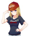  1girl :d \r\npepe_the_frog absurdres arm_up badge baseball_cap belt black_shirt blonde_hair blue_eyes breasts brown_belt button_badge clothes_writing collarbone cursive denim donald_trump english grin hand_on_headwear hand_on_hip hat headwear headwear_writing highres impossible_clothes impossible_shirt jeans long_hair looking_at_viewer make_america_great_again open_mouth original pants pepe_the_frog real_life red_hat rhyme shirt shirt_tucked_in short_sleeves sidelocks simple_background smile solo t-shirt trump_hat upper_body white_background 