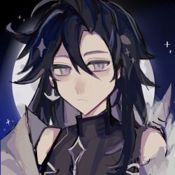  1boy :/ anchor_earrings bare_shoulders black_hair black_shirt chinese_commentary closed_mouth commentary_request earrings full_moon grey_eyes grey_jacket hair_between_eyes jacket jewelry long_hair male_focus mao_mao_lai_lou moon night onmyoji open_clothes open_jacket outdoors portrait shirt sleeveless sleeveless_shirt sleeveless_turtleneck solo susabi_(onmyoji) turtleneck 