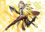 1girl artist_name ass blonde_hair blue_eyes blush bodysuit breasts brown_legwear checkered checkered_background covering covering_crotch embarrassed emblem energy_beam faulds from_behind full_body glowing glowing_wings greaves high_ponytail highres holding holding_staff ing9 looking_at_viewer looking_back mechanical_halo mechanical_wings medium_breasts mercy_(overwatch) open_mouth overwatch pantyhose pelvic_curtain signature solo spread_wings staff watermark wings yellow_wings zoom_layer 