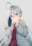  1girl ahoge bangs blue_hair bow buttons cardigan collared_shirt comah commentary_request eyebrows_visible_through_hair from_below grey_background grey_eyes grey_hair hair_between_eyes hair_bow kantai_collection kiyoshimo_(kantai_collection) long_hair looking_at_viewer looking_down motion_lines multicolored_hair no_bowtie shirt simple_background sleeves_past_wrists smile solo very_long_hair yellow_bow 