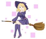  1girl absurdres alternate_hairstyle bangs blonde_hair boots broom broom_riding brown_eyes cosplay earrings erable fullmetal_alchemist hand_on_own_cheek hat highres jewelry little_witch_academia long_hair open_mouth riza_hawkeye smile solo swept_bangs witch witch_hat 