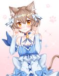  1boy :3 animal_ears blue_dress blue_ribbon cat_ears cat_tail collar detached_sleeves dress eyebrows_visible_through_hair felix_argyle gradient gradient_background highres light_brown_hair male_focus orange_eyes paw_pose paw_print re:zero_kara_hajimeru_isekai_seikatsu ribbon solo sparkle tail trap ubi_(ekdus6080) 