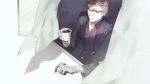  1boy bayinxie coffee cup final_fantasy final_fantasy_xv formal glasses gloves green_eyes highres ignis_scientia male_focus mug solo suit window 