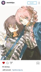  2girls absurdres bang_dream! bang_dream!_it&#039;s_mygo!!!!! blue_cardigan blue_jacket brown_eyes cardigan chihaya_anon chinese_commentary collared_shirt commentary_request dress_shirt english_text fake_screenshot fang grey_eyes grey_hair grey_overalls grey_shirt highres hikawayunn instagram jacket long_hair long_sleeves looking_at_viewer multiple_girls open_mouth overalls pink_hair plaid_clothes plaid_shirt shirt short_hair takamatsu_tomori v 