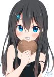  1girl 2017 :3 artist_name bangs black_hair blue_eyes blush breasts camisole cat chocolate chocolate_heart collarbone copyright_name dated eyebrows_visible_through_hair food grin hair_between_eyes hair_ornament hairclip hand_up heart holding holding_food long_hair looking_at_viewer medium_breasts ragho_no_erika signature simple_background smile solo strap_slip sukurizo! teeth tsubakiyama_sou upper_body white_background 