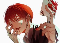  1boy blood blood_on_face card ear_piercing earrings haruki_akutaba highres hisoka_morow holding holding_card hunter_x_hunter jewelry male_focus piercing playing_card red_hair red_nails ring simple_background solo tongue tongue_out twitter_username white_background yellow_eyes 
