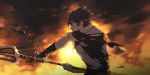  1boy bayinxie black_hair dark_persona final_fantasy final_fantasy_xv fire glowing glowing_eyes highres male_focus noctis_lucis_caelum polearm red_eyes shirt solo torn_clothes torn_shirt trident weapon 