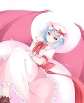  1girl arm_garter ascot bangs bat_wings blue_hair bobby_socks bow bowtie brooch brown_shoes closed_mouth dress frilled_dress frills hat hat_bow jewelry koro_(tyunnkoro0902) looking_at_viewer mob_cap pink_dress pointy_ears puffy_short_sleeves puffy_sleeves red_bow red_bowtie red_eyes remilia_scarlet sash shoes short_hair short_sleeves smile socks solo touhou white_legwear wings wrist_cuffs 