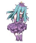  1girl aqua_hair azuki_(azuki-taste) bare_shoulders dress elbow_gloves fang gloves highres long_hair looking_at_viewer mareanie personification pokemon pokemon_(game) pokemon_sm purple_dress purple_gloves purple_legwear simple_background sketch solo standing tentacle_hair wavy_mouth white_background yellow_eyes 