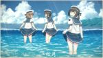  2016 3girls :d ^_^ absurdres akizuki_(kantai_collection) alternate_costume artist_name bangs beret black_hair blue_skirt blue_sky blurry blush braid brown_hair character_name closed_eyes clouds cloudy_sky commentary_request dated day depth_of_field eye_contact eyebrows eyebrows_visible_through_hair from_behind gloves hair_flaps hair_over_shoulder hat hatsuzuki_(kantai_collection) highres kantai_collection key_kun light_rays long_hair looking_at_another looking_at_viewer looking_back multiple_girls nature ocean open_mouth outdoors pleated_skirt ponytail profile puffy_short_sleeves puffy_sleeves sailor_hat school_uniform serafuku short_hair short_ponytail short_sleeves signature single_braid skirt skirt_hold sky smile sunbeam sunlight teruzuki_(kantai_collection) wading water waves white_gloves 