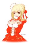  1girl ahoge blonde_hair dress epaulettes fate/extra fate_(series) green_eyes hair_intakes looking_at_viewer mudou_eichi open_mouth red_dress saber_extra solo twitter_username white_background 