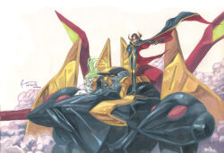  1boy 1girl 2012 absurdres armor black_armor black_cape black_gloves bodysuit c.c. cape clouds code_geass dated dominic_ian_cabatit floating_cape floating_hair full_body gawain_(code_geass) gloves gold_armor gold_trim green_hair hand_up helmet high_collar highres holding holding_helmet knightmare_frame lelouch_vi_britannia long_hair long_sleeves mecha_focus multicolored_armor nick-ian on_mecha outstretched_arm outstretched_hand red_cape red_eyes short_hair standing straitjacket timestamp two-sided_cape two-sided_fabric unworn_headwear unworn_helmet white_bodysuit yellow_eyes 