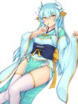  1girl bangs blue_hair blush cold_(hoshinoskull) dragon_horns fate/grand_order fate_(series) finger_to_mouth hair_ornament heart highres horns japanese_clothes kimono kiyohime_(fate/grand_order) long_hair long_sleeves looking_at_viewer obi pelvic_curtain sash smile solo thigh-highs white_legwear wide_sleeves yellow_eyes 