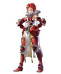  1girl armor armored_boots boots fire_emblem fire_emblem:_kakusei fire_emblem_heroes full_body gauntlets hands_on_hips highres looking_at_viewer mayo_(becky2006) pelvic_curtain red_eyes redhead short_hair smile soiree solo standing transparent_background 