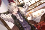  1boy artist_name cup dagger fire_emblem fire_emblem_if grey_hair joker_(fire_emblem_if) long_hair male_focus one_eye_closed solo teacup teapot upper_body violet_eyes wani_(fadgrith) weapon 