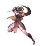 1girl breasts brown_eyes brown_hair cleavage dagger fire_emblem fire_emblem_heroes fire_emblem_if full_body hair_over_one_eye highres kagerou_(fire_emblem_if) lack large_breasts long_hair official_art ponytail sandals scarf solo transparent_background weapon 