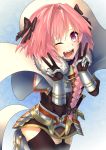  1boy ;d black_legwear blush braid cape double_v fang fate/apocrypha fate_(series) garter_straps hair_ornament hair_ribbon long_hair looking_at_viewer one_eye_closed open_mouth pink_hair ribbon rider_of_black single_braid smile solo thigh-highs trap v violet_eyes wellow_ryu 