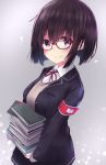  1girl blazer blush book breasts commentary_request glasses hair_between_eyes highres holding holding_book jacket long_sleeves looking_at_viewer medium_breasts neck_ribbon neku_(neku_draw) original ribbon short_hair smile solo uniform 