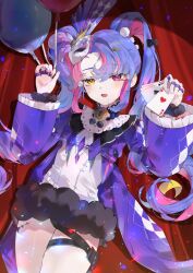  1girl absurdres balloon black_collar card coat collar commentary_request curtains dress eye_mask fur-trimmed_dress fur_trim heterochromia highres holding holding_card jewelry key_hair_ornament long_hair looking_at_viewer mask mask_on_head multicolored_hair multiple_rings open_mouth pink_eyes pink_hair playing_card purple_coat purple_hair ring roccia_(wuthering_waves) shigureszku smile solo symbol-shaped_pupils tacet_mark_(wuthering_waves) twintails two-tone_hair white_dress wuthering_waves x-shaped_pupils yellow_eyes 