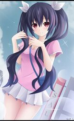  1girl artist_name black_hair blush breasts casual choujigen_game_neptune hair_ornament keenh long_hair looking_at_viewer neptune_(series) noire red_eyes smile solo twintails 