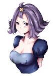  1girl acerola_(pokemon) blush breasts cleavage dress hairband highres ixjackiexx pokemon pokemon_(game) pokemon_sm purple_hair short_hair smile solo topknot trial_captain violet_eyes 