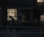  1girl 2boys balloon daijyuu hand_holding hands_in_pockets hunched_over mob_psycho_100 mogami_keiji mother_and_son multiple_boys night outdoors railing shirt_tucked_in silhouette skirt walking window 