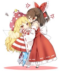  &gt;:o 2girls :o american_flag_dress american_flag_legwear anger_vein blonde_hair blush bow brown_eyes brown_hair chibi clownpiece detached_sleeves dress fairy_wings full_body hair_bow hair_tubes hakurei_reimu hat height_difference hug jester_cap lifting_person long_hair long_sleeves multiple_girls neck_ruff pantyhose petticoat piyokichi polka_dot ponytail pout red_bow red_eyes red_shirt red_skirt ribbon-trimmed_sleeves ribbon_trim sarashi shirt short_dress skirt skirt_set sleeveless sleeveless_shirt squiggle star star_print striped touhou touhou_sangetsusei very_long_hair wavy_hair white_background wings 