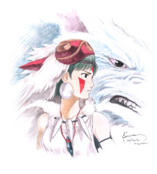  1girl 2012 bare_arms bare_shoulders body_fur cape clenched_teeth dated dominic_ian_cabatit earrings facepaint facial_mark from_side fur_cape highres jewelry mask mask_on_head mononoke_hime moro_(mononoke_hime) necklace nick-ian pelt profile san_(mononoke_hime) sharp_teeth short_hair signature studio_ghibli teeth timestamp tooth_necklace white_fur wolf wolf_pelt 