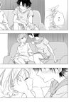  2girls blush closed_eyes comic couch greyscale hand_on_another&#039;s_cheek hand_on_another&#039;s_face incipient_kiss kobeya_(tonari_no_kobeya) monochrome multiple_girls original plant potted_plant short_hair sitting smile translation_request yuri 