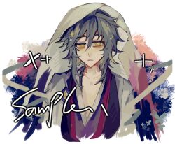  1boy bright_pupils collarbone commentary cropped_torso fukengaku_(onmyoji) grey_hair grey_haori hair_between_eyes haori highres japanese_clothes kimono long_bangs male_focus mao_mao_lai_lou medium_hair onmyoji open_clothes parted_lips purple_kimono sample_watermark solo symbol-only_commentary veil watermark white_pupils yellow_eyes 