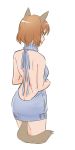  1girl animal_ears ass backless_outfit bangs bare_back bare_shoulders blue_eyes blue_sweater brave_witches breasts brown_hair butt_crack butt_plug buttplug_tail dimples_of_venus dress from_behind gundula_rall halterneck looking_at_viewer looking_back medium_breasts mukiki naked_sweater open-back_dress ribbed_sweater scar short_hair simple_background solo sweater sweater_dress tail turtleneck turtleneck_sweater virgin_killer_sweater white_background world_witches_series 