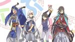  &gt;_&lt; 4boys :i aqua_eyes black_gloves black_hair blonde_hair blue_eyes blue_hair braid cape closed_eyes copyright_name dancing double-breasted fox gloves hakama highres hood horikawa_kunihiro izumi-no-kami_kanesada japanese_clothes konnosuke kono_subarashii_sekai_ni_shukufuku_wo! kurarin male_focus mikazuki_munechika multiple_boys necktie open_mouth parody ribbon sayagata side_braid smile touken_ranbu yamanbagiri_kunihiro 