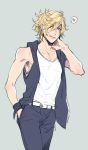  1boy :q alternate_hairstyle bare_shoulders belt blonde_hair blue_eyes collarbone final_fantasy final_fantasy_xv freckles heart licking_lips male_focus messy_hair nakagawa_waka prompto_argentum prototype solo spoken_heart tongue tongue_out vest 