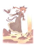  1girl animal_ears beak bird black_bow black_dress black_shoes black_wings bow braid cat_ears cat_tail dress extra_ears feathered_wings flying hair_bow kaenbyou_rin minust molten_rock multiple_tails outstretched_arms red_eyes redhead reiuji_utsuho reiuji_utsuho_(bird) shoes sketch tail touhou twin_braids two_tails wings 