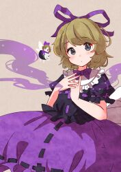  2girls alternate_costume black_shirt black_skirt blonde_hair blue_eyes bow bubble_skirt closed_mouth cowboy_shot fairy_wings flower frilled_shirt frilled_shirt_collar frilled_sleeves frills hair_ribbon highres kimura8556spsk lily_of_the_valley looking_at_viewer medicine_melancholy mini_person minigirl multiple_girls no_mouth official_alternate_color poison puffy_short_sleeves puffy_sleeves purple_bow purple_ribbon purple_shirt purple_skirt ribbon shirt short_sleeves skirt su-san touhou wings 