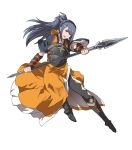  1girl blue_hair boots brown_eyes fire_emblem fire_emblem_heroes fire_emblem_if full_body hairband highres japanese_clothes long_hair oboro_(fire_emblem_if) official_art open_mouth polearm ponytail solo spear transparent_background ueda_yumehito weapon 