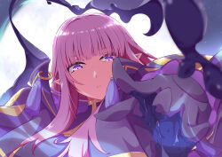  1girl absurdres aiming aiming_at_viewer alicetiruru black_gloves blunt_bangs bodysuit closed_mouth eta_(kage_no_jitsuryokusha_ni_naritakute!) gloves gold_trim highres kage_no_jitsuryokusha_ni_naritakute! long_hair looking_at_viewer pointy_ears purple_hair solo tagme violet_eyes 