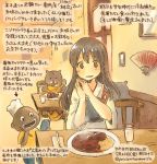  1girl :d akagi_(kantai_collection) animal brown_eyes brown_hair commentary_request cup curry curry_rice dated drinking_glass food hamster japanese_clothes kantai_collection kirisawa_juuzou long_hair muneate nontraditional_miko numbered open_mouth rice sitting smile spoon tasuki traditional_media translation_request twitter_username 