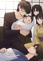  1boy 3girls after_birth baby black_shirt blanket blue_kimono blue_pants blush brown_eyes brown_hair closed_eyes glasses hair_over_one_eye hand_on_another's_shoulder highres holding_baby indian_style japanese_clothes kara_no_kyoukai kimono kokutou_azaka kokutou_mikiya light_smile long_hair looking_at_another lying multiple_girls on_back one_eye_covered pants ryougi_mana ryougi_shiki ryougi_shiki_(male_persona) shintyoi2 shirt short_hair shouji sitting sliding_doors smile swaddled thank_you white_blanket white_kimono yellow_kimono 