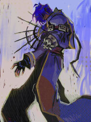  1boy abstract abstract_background afterimage ahoge arm_belt belt belt_around_waist ben-day_dots blue_hair blue_theme carterrdraws diamond_(shape) feet_out_of_frame fingerless_gloves from_side gloves hair_over_eyes highres legato_bluesummers limited_palette long_coat long_sleeves male_focus multiple_belts patterned_background screentones scribble shaded_face short_hair silhouette skull_ornament solo sparkle trigun trigun_maximum two-tone_background unmoving_pattern 