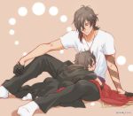  2boys applemac asymmetrical_hair brown_hair child closed_eyes dark_skin dark_skinned_male dual_persona jacket jewelry looking_at_another looking_down male_focus multiple_boys necklace ookurikara sash shirt simple_background sitting sleeping sleeping_on_person smile socks time_paradox touken_ranbu twitter_username white_shirt younger 