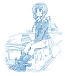  1girl bbb_(friskuser) between_legs boots clipboard commentary_request girls_und_panzer gloves gloves_removed greyscale ground_vehicle hand_between_legs jacket long_sleeves military military_vehicle monochrome motor_vehicle nishizumi_miho panzerkampfwagen_iv pleated_skirt school_uniform shoes sitting sitting_on_object skirt smile socks solo tank tank_turret untied_shoes white_background 