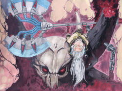  1girl absurdres animal_skull asterios_(persona) axe battle_axe black_sailor_collar broken_horn chain cow_skull dominic_ian_cabatit evil_smile highres holding horns labrys_(persona) leg_up long_hair looking_at_viewer lying mechanical_arms neckerchief nick-ian on_back on_head parted_lips persona persona_4:_the_ultimate_in_mayonaka_arena ponytail red_eyes robot_girl sailor_collar school_uniform shadow_(persona) shadow_labrys shirt short_sleeves smile two-handed weapon white_shirt wide-eyed yasogami_school_uniform yellow_eyes yellow_neckerchief 