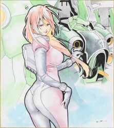  1girl ass beam_cannon commentary_request gloves gundam gundam_unicorn highres ikeda_kazuhiro kshatriya looking_at_viewer looking_back machinery marida_cruz mecha mecha_pilot_suit mobile_suit neo_zeon one-eyed orange_hair realistic robot science_fiction 