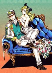  1boy 1girl black_hair braid breasts cleavage coat couch double_bun dress father_and_daughter green_eyes green_hair green_lipstick hat jojo_no_kimyou_na_bouken kneeling kuujou_jolyne kuujou_joutarou legs_crossed lipstick makeup medium_breasts multicolored_hair qi_(bleachcxn) sitting star strapless strapless_dress two-tone_hair vest white_dress 