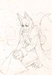  1girl animal_ears anubis_(monster_girl_encyclopedia) claws cloak fur_trim kneeling long_hair long_sleeves monochrome monorus monster_girl_encyclopedia pants paws pyramid scarf sketch smile snow snow_sculpture snowing solo tail traditional_media winter_clothes 
