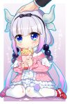  1girl bangs blue_eyes blunt_bangs blush capelet catsizuru child cream cream_on_face crepe dirty_clothes dirty_face dragon_girl dragon_horns dragon_tail dress eating food food_on_face full_body gradient gradient_background hairband holding holding_food horns kanna_kamui kobayashi-san_chi_no_maidragon long_hair looking_at_viewer monster_girl out_of_frame petting red_shoes shoes silver_hair simple_background sitting solo_focus tail text thigh-highs tied_hair twintails twitter_username wariza white_legwear 